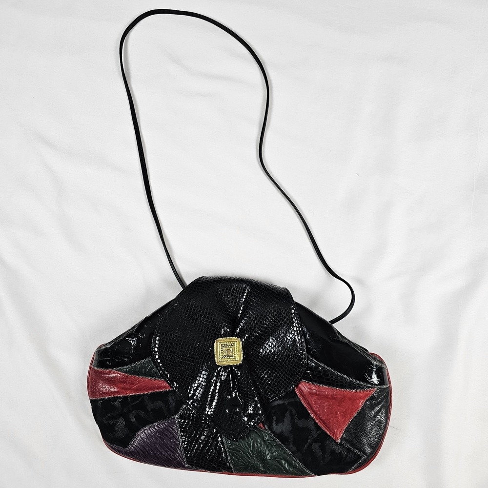 Vtg 80s Glam Noble Handbags Inc Patchwork Leather Black Shoulder Bag/Clutch‎